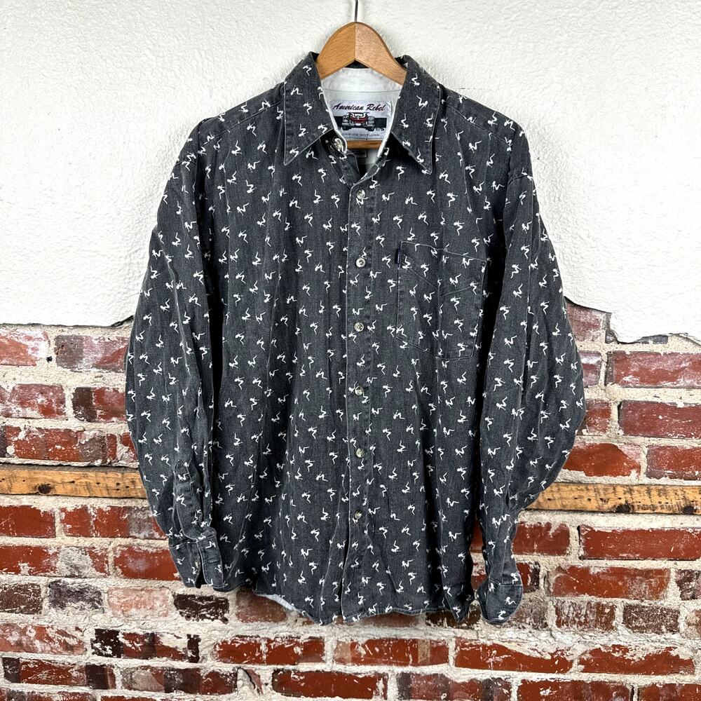 Vintage American Rebel Shirt Size Medium Grey Sexy Pattern Long Sleeve Button Up